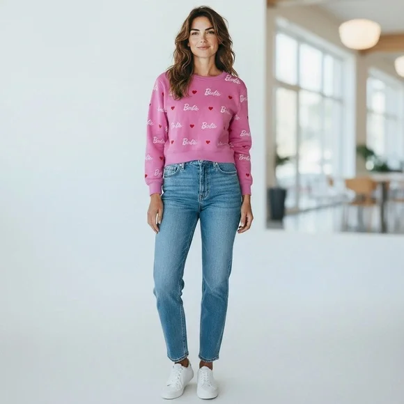 Barbie Pink Logo &  Hearts Sweatshirt Size XL - Picture 2 of 9